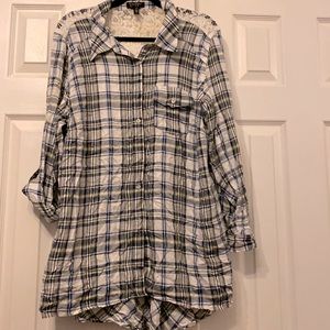 🌼NWOT Jessica Simpson 2X navy blue white/olive green plaid shirt with lace trim
